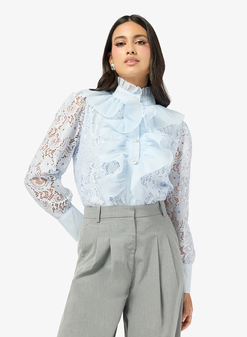 ايلا Lace Button Down Shirt With Ruffles